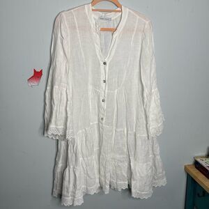 Tempo Paris Romantic Soft Girl White Linen Eyelet Tiered Dress Bell Sleeves Sm